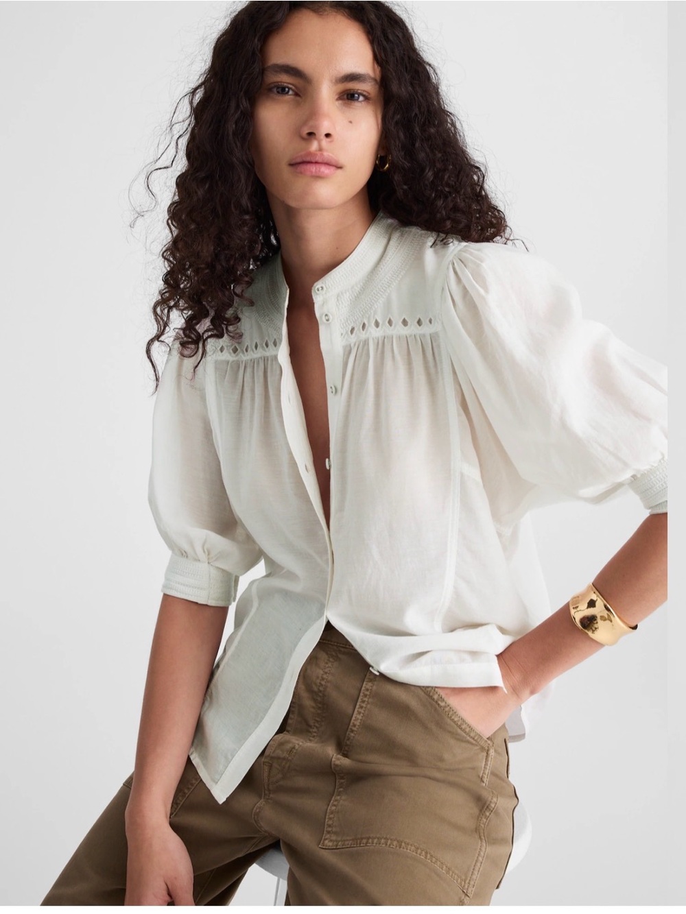 Madewell Embroidered Puff-Sleeve Band-Collar Shirt, White, Size 0